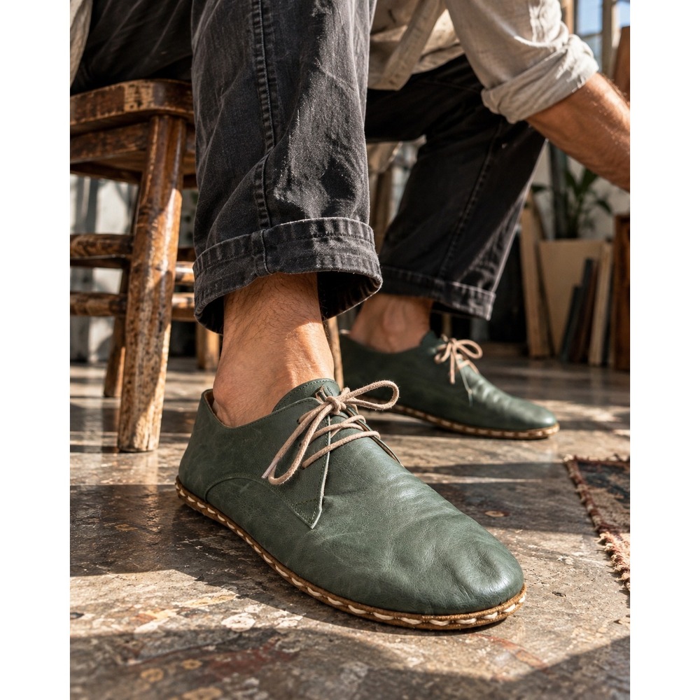 Nefes Handmade Barefoot Leather Zero Drop Grounding Shoes Green Men's 9